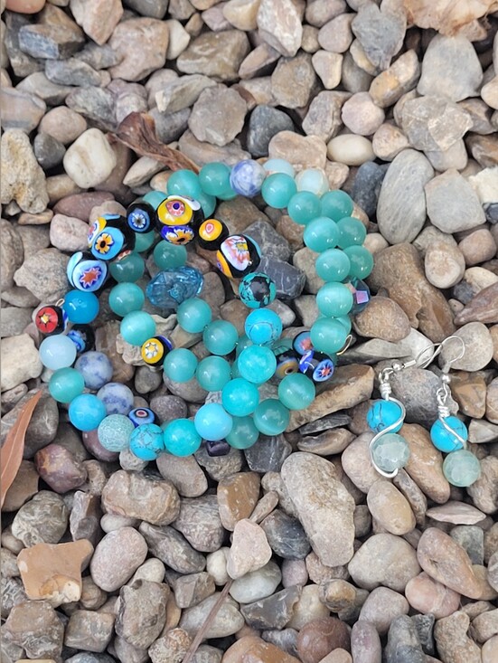 Hand Crafted Jewelry - Blue Water Inspired handcrafted Braclet And Earring Set Summer Jewerly